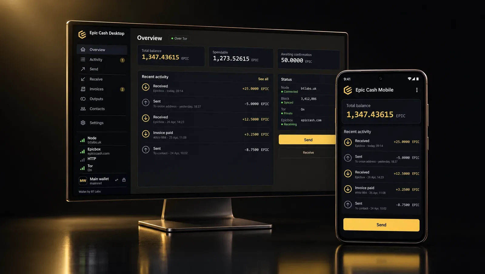 Epic Cash Desktop on a monitor and Epic Cash Mobile on a phone, both showing the wallet overview.