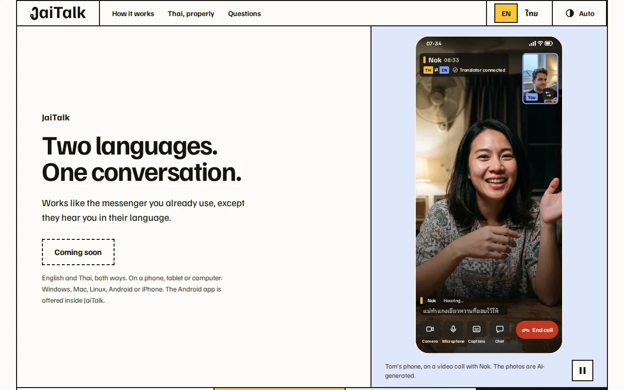 jaitalk.com: Two languages. One conversation. A phone on a video call with live captions in Thai and English.